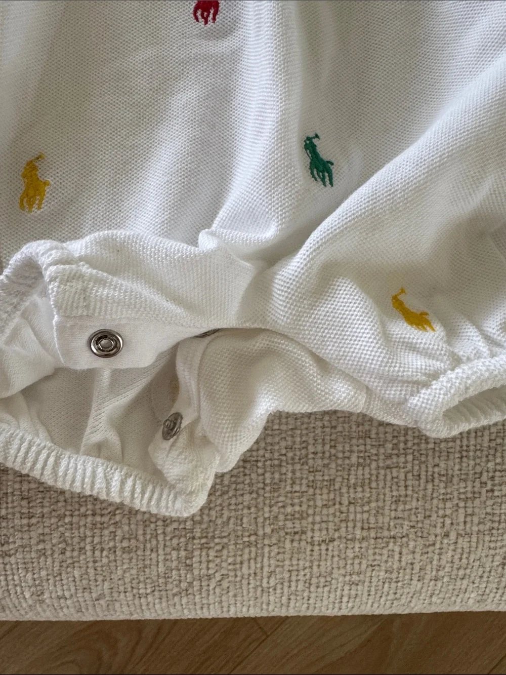 Ralph Lauren White Cotton Polo Romper with Rainbow Pony Logos